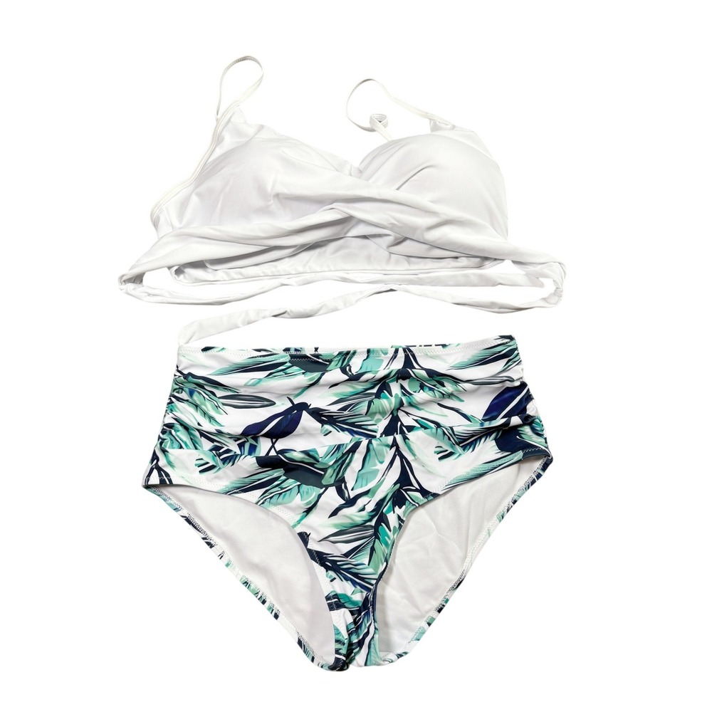Tropical Leaf‎ High Waisted Bikini Set Size XL White Green Wrap Top Swimsuit
